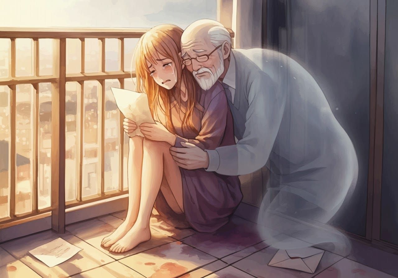 Grieving Woman with Ghost in Anime Graphic Novel Style