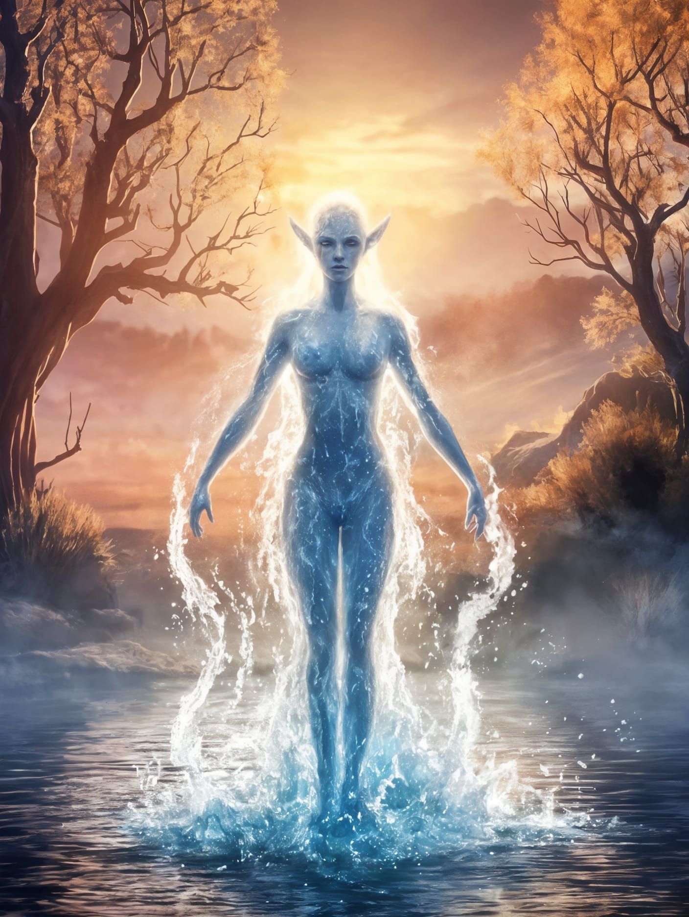 Water Goddess Rises from a Shimmering Lake in a Golden Light