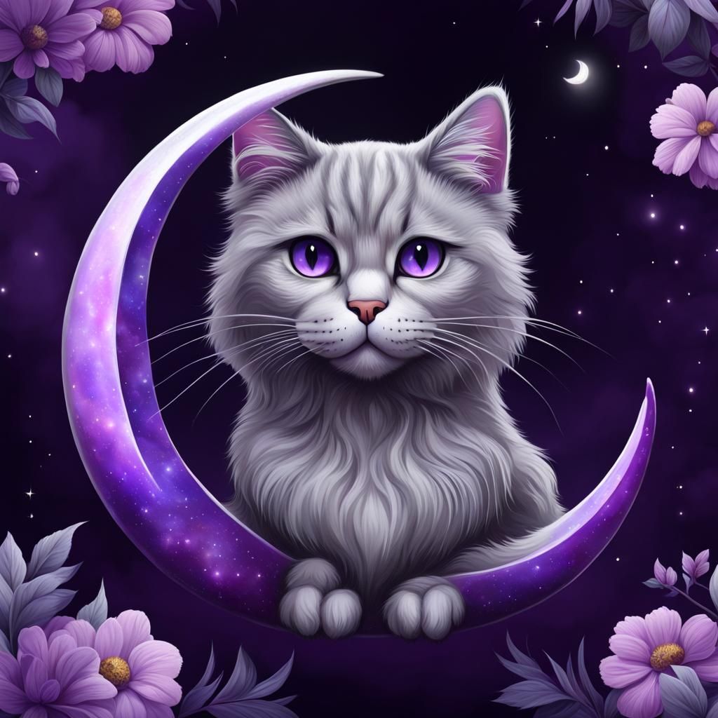 Grey and Purple Cat with Crescent Moon