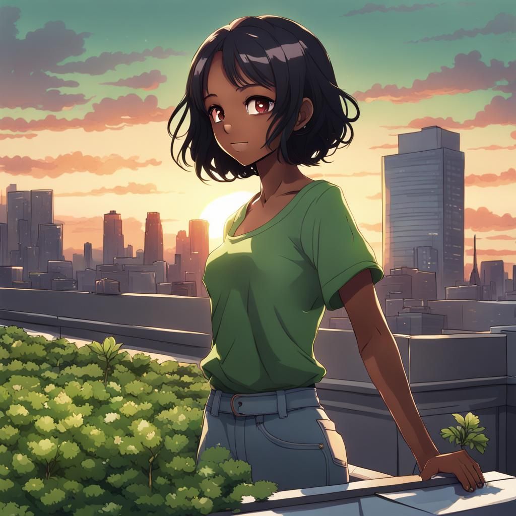 Rooftop Gardener in Anime Style at Sunset