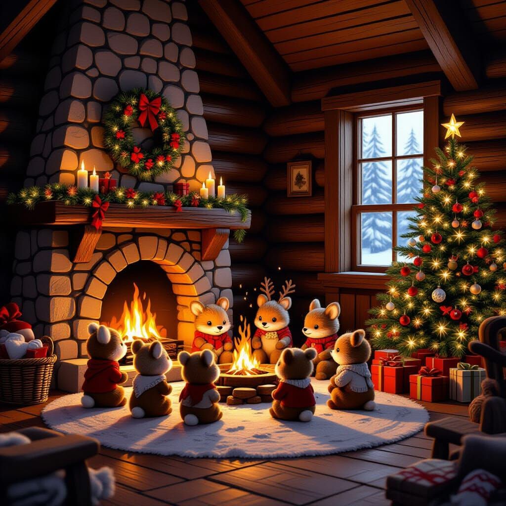 Cozy Woodland Creatures Celebrate Christmas in Log Cabin