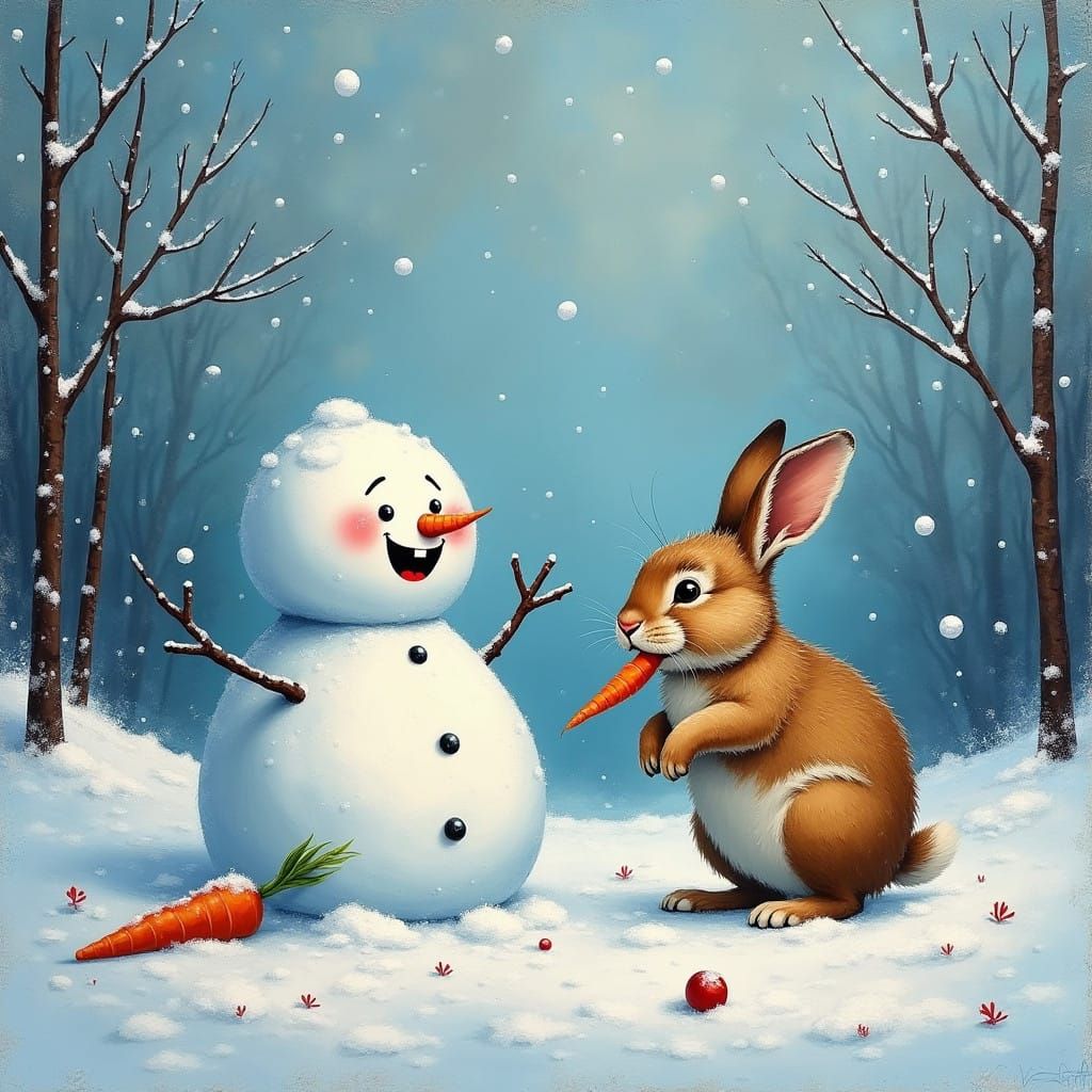 Whimsical Snowman's Winter Woe in Epic Impressionist Masterp...