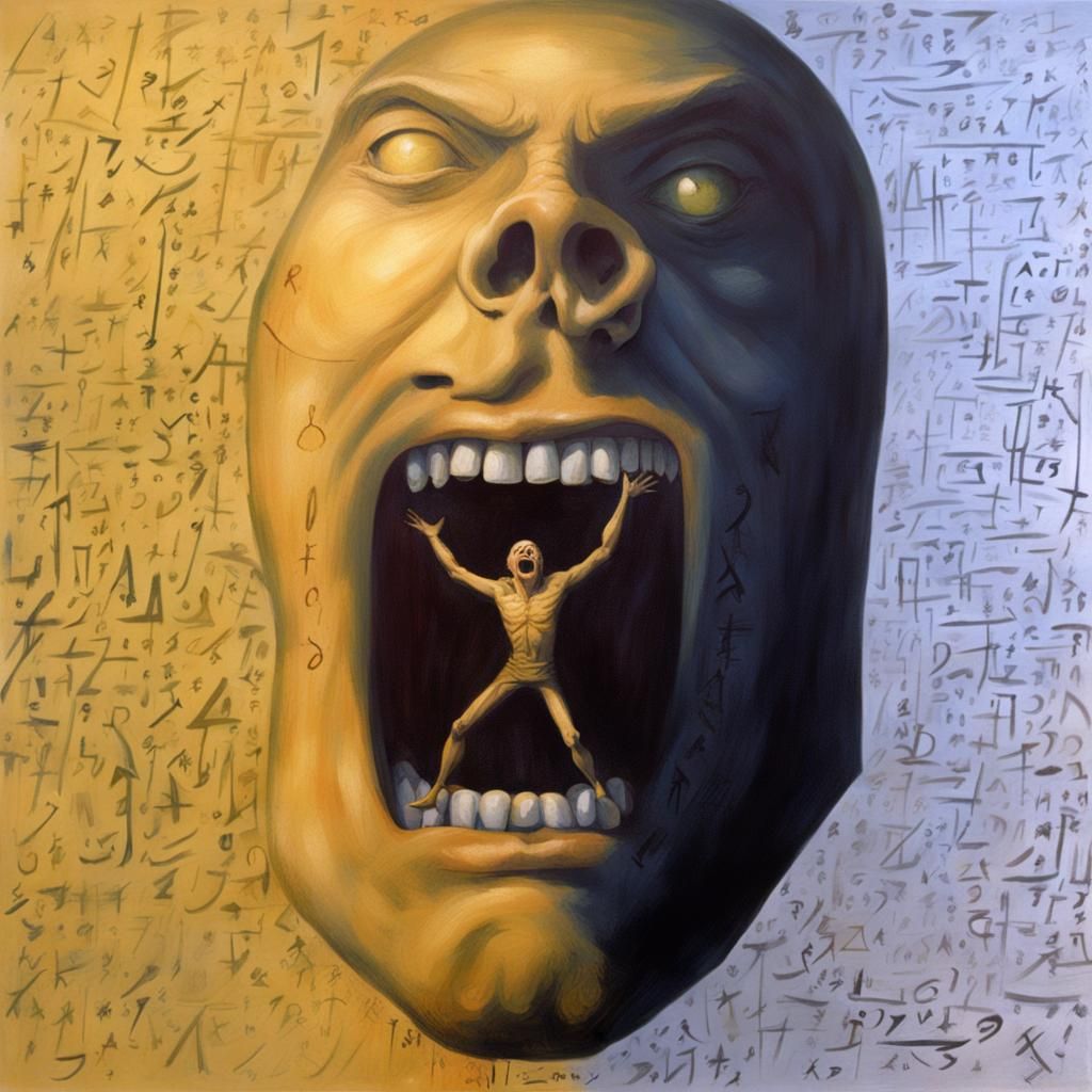 Surreal Head Screaming with Alchemic Symbols