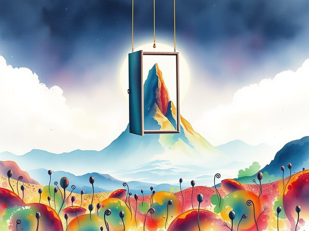 Floating Doorway Above Alien Landscape in Watercolor Style