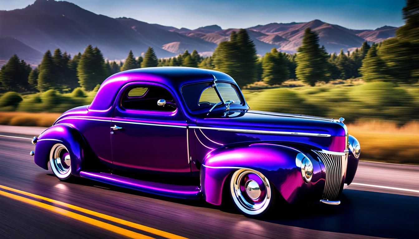 Purple 1940 Ford Hotrod Speeds Down Highway