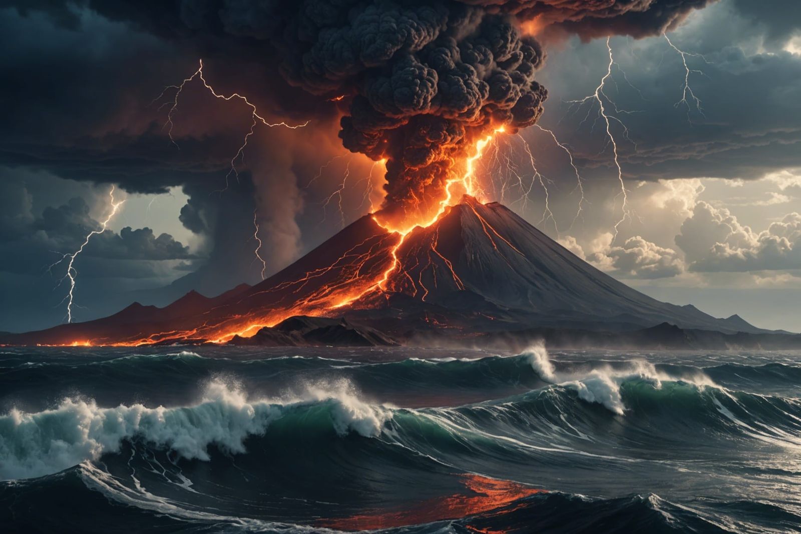 Turbulent Sea with Raging Lightning and Volcano