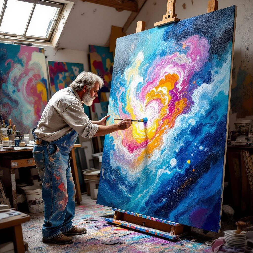 Artist Immersed in Dreamlike Fantasy Painting
