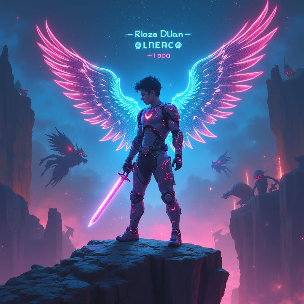 Cybernetic Teen Hero on Crumbling Cliff in Synthwave Style