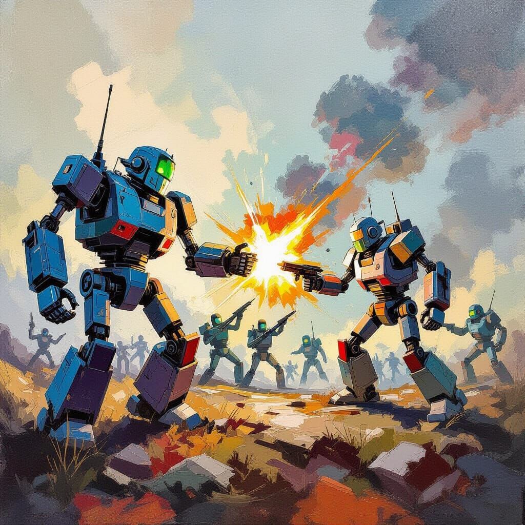 Robots Stop Human War: Gouache Impressionist Masterpiece