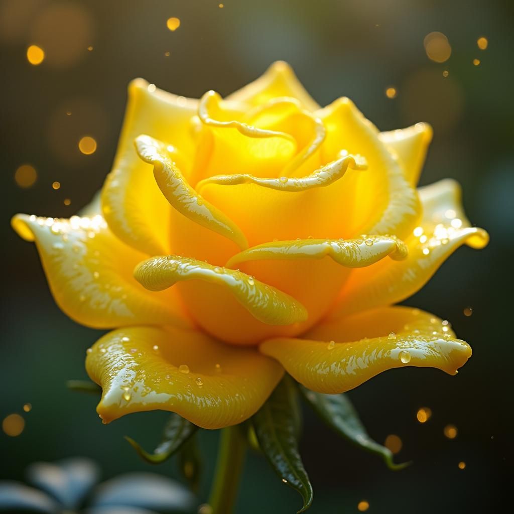 Yellow Glass Rose with Raindrops