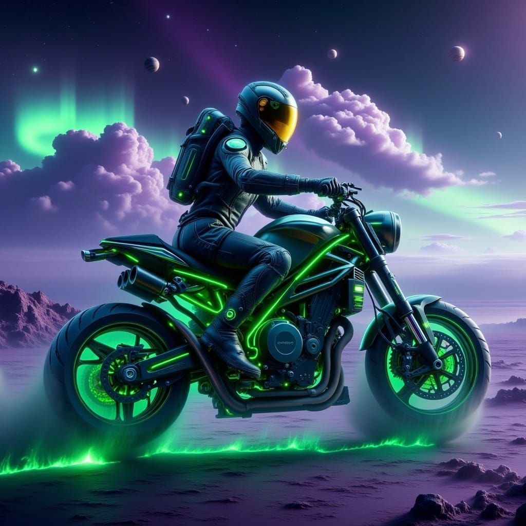Astronaut Motorcycle Ride in Space, Futuristic Art