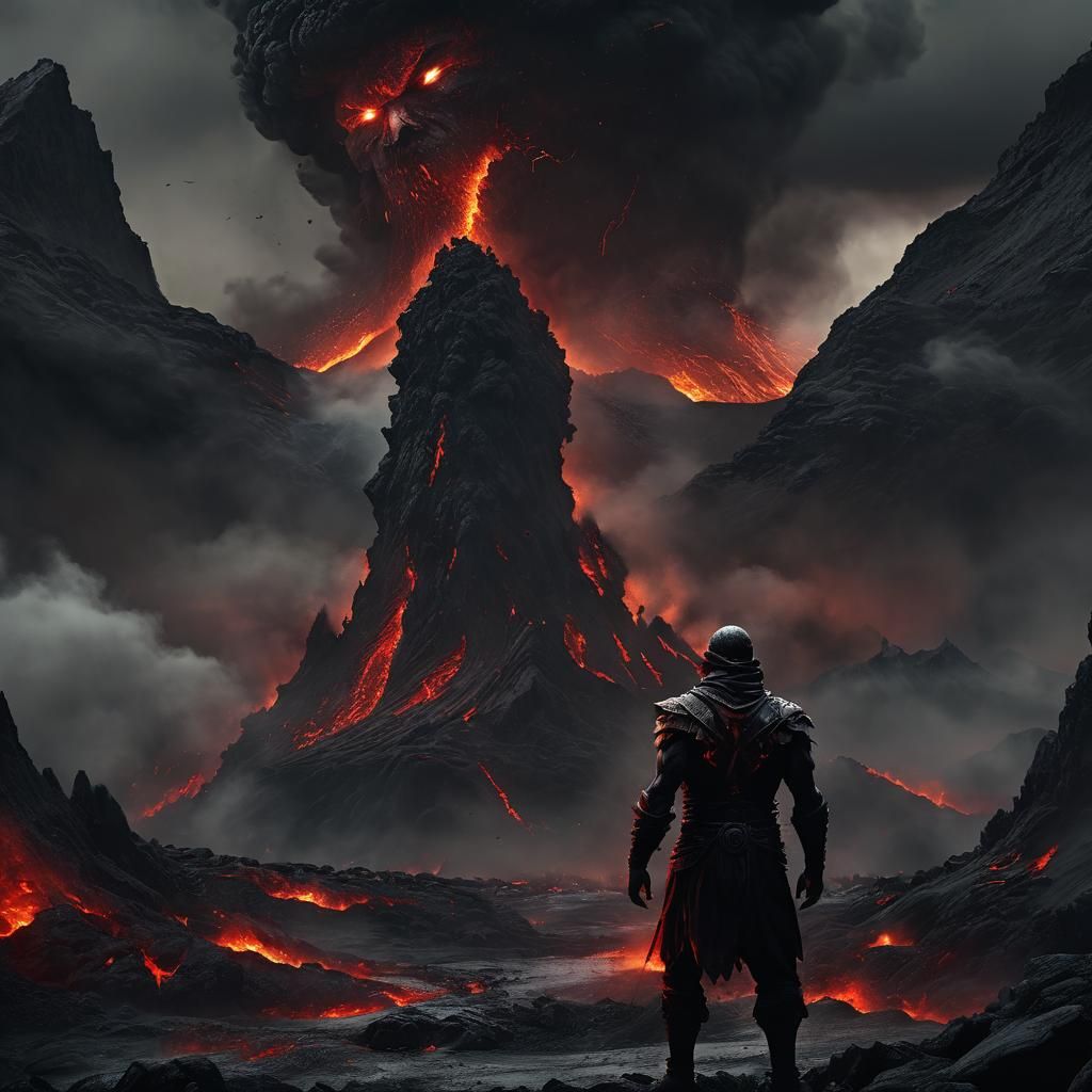 Epic Dark Fantasy Warrior Amidst Volcanic Eruption