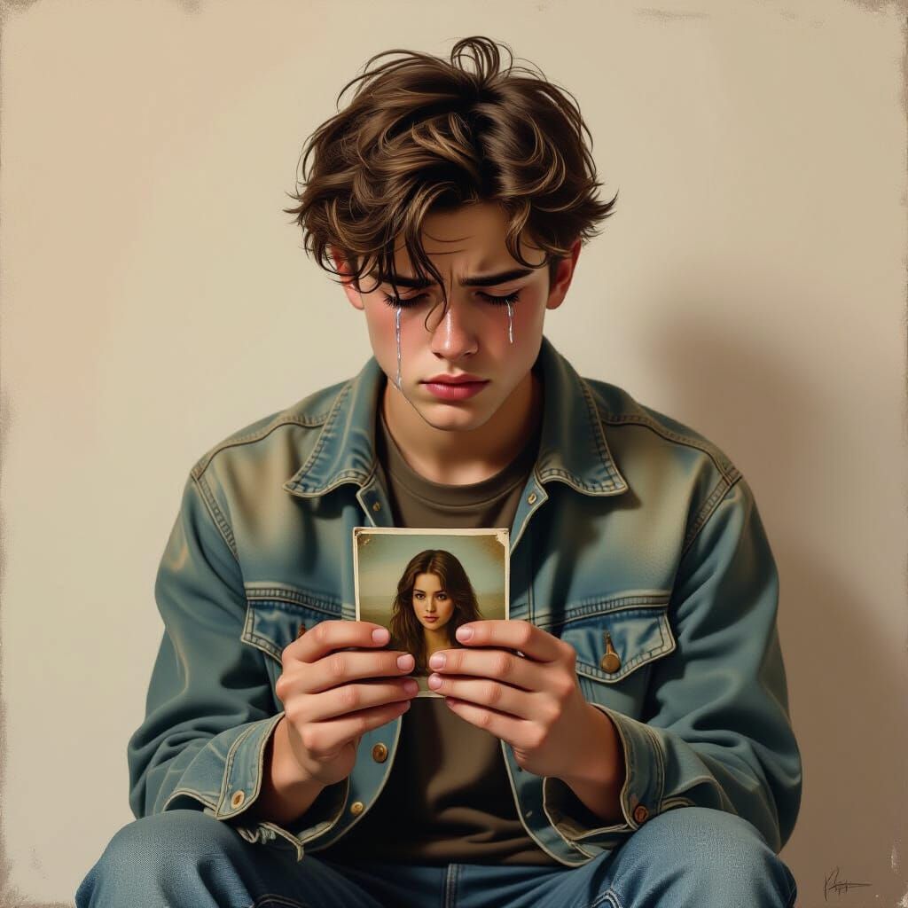 Melancholic Portrait of a Boy with Photograph