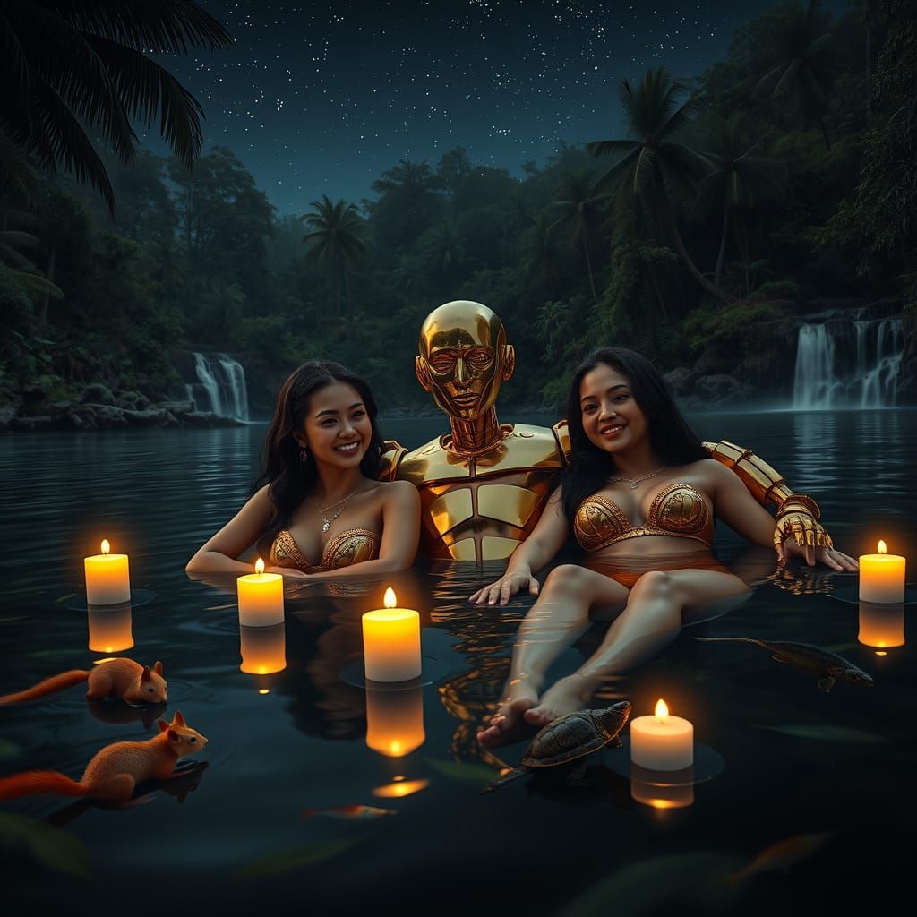 Luminous Nighttime Scene with Candlelit Women and Robot