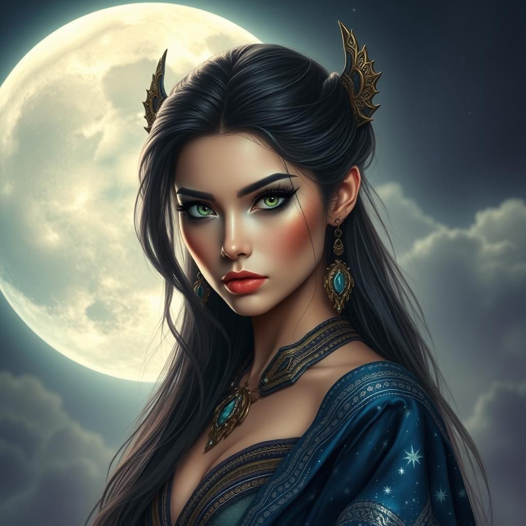 Goddess with Emerald Eyes in Celestial Attire