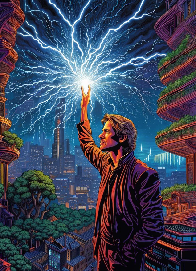 Technological Wizard in Utopian Cityscape