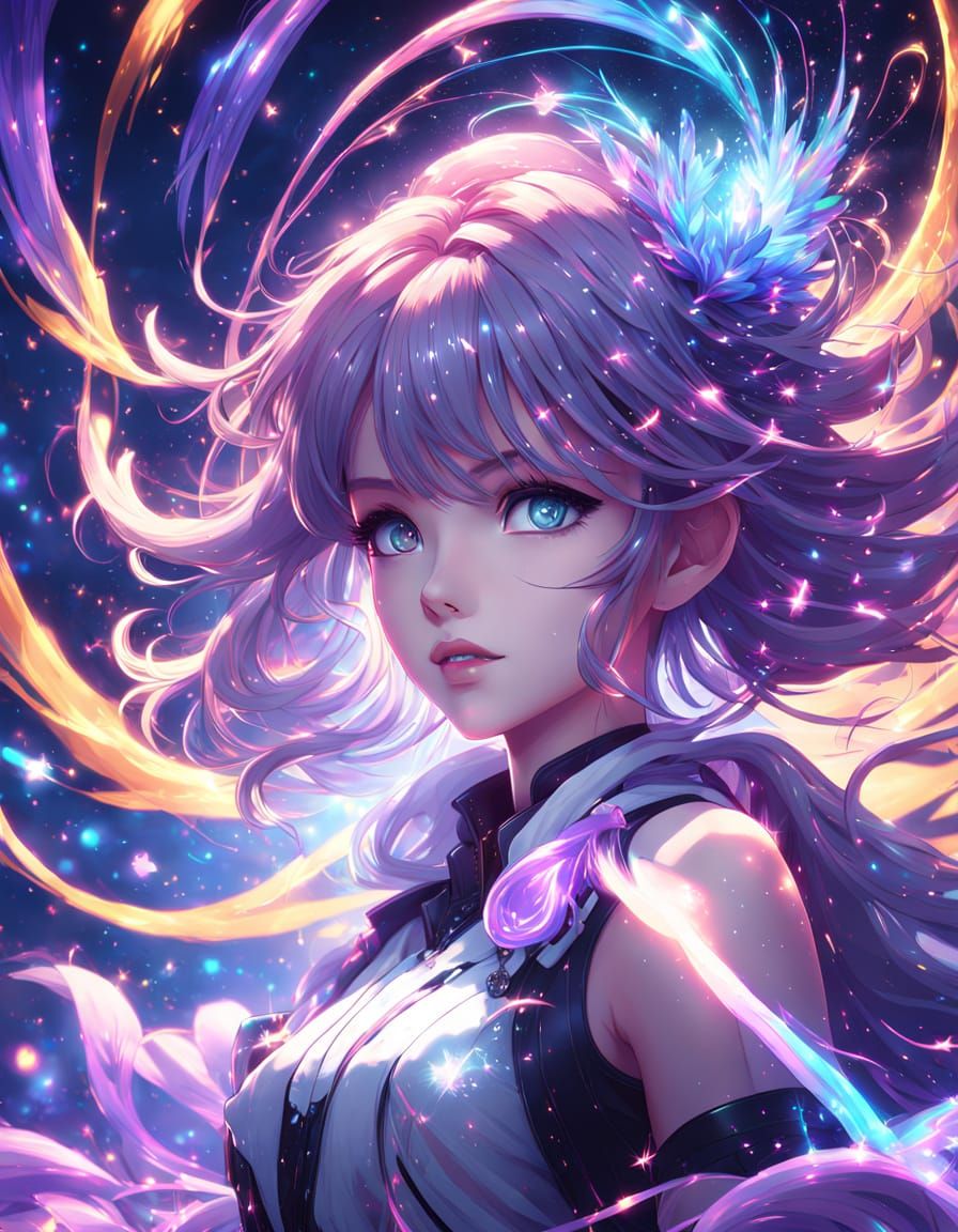 Ethereal Anime Goddess in Vibrant Cosmic Glow