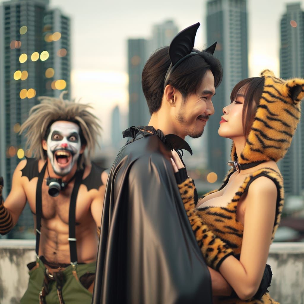 Bat-themed Vigilante and Feline Companion: Rooftop Romance