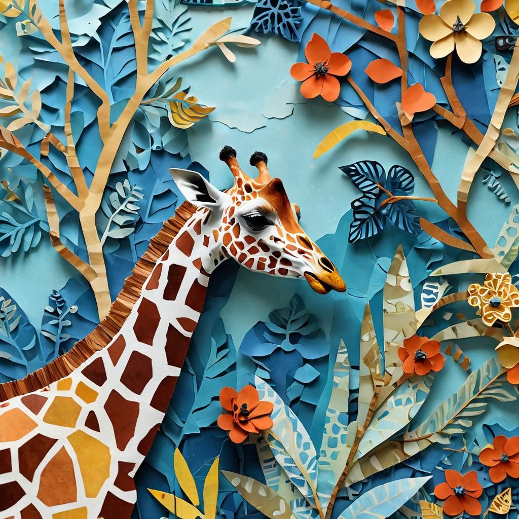 Giraffe and Bird Paper Collage Art
