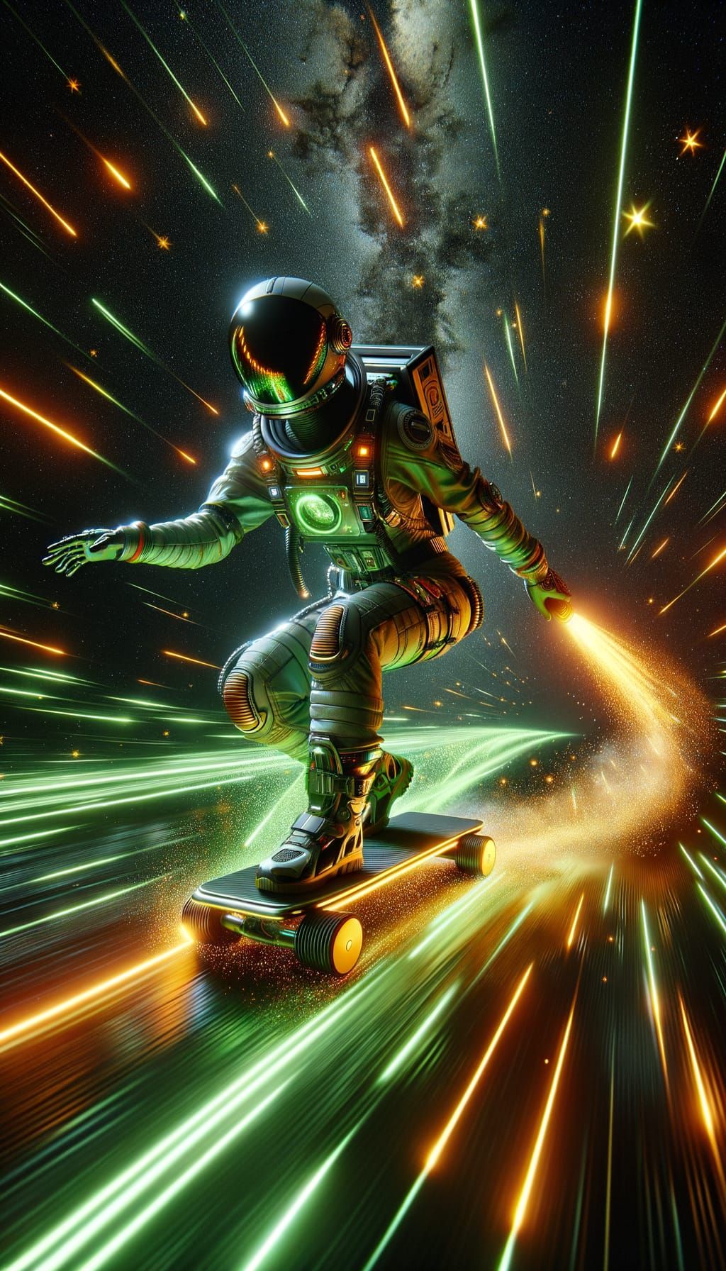 Hispanic Astronaut Surfing in Space with Neon Trails