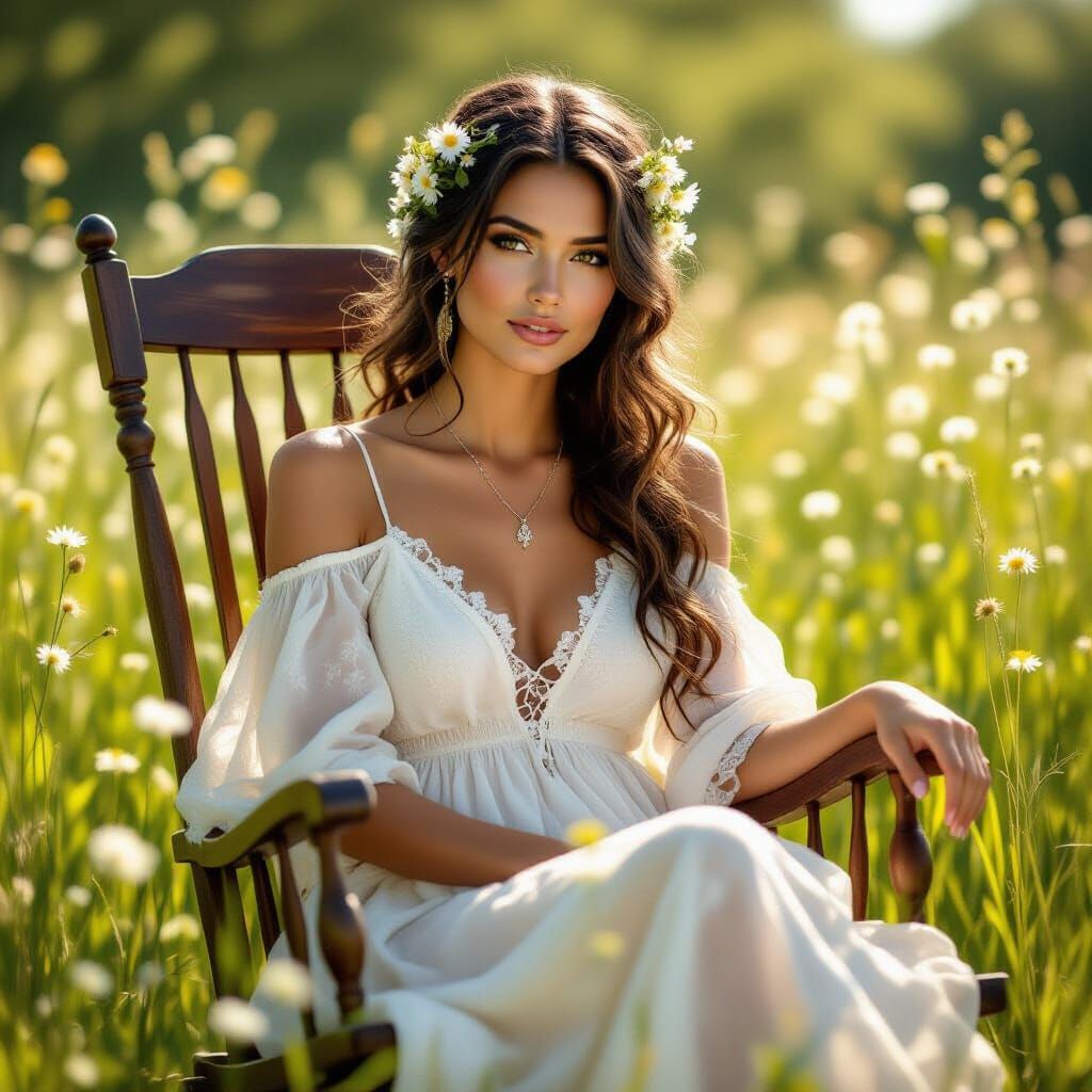 Woman in Field of Flowers, Naturalistic Painting