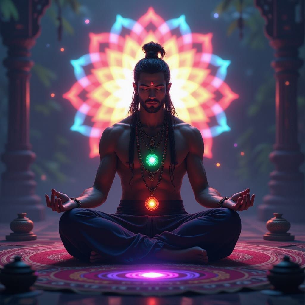 Meditator Surrounded by Glowing Chakras in Cinematic Style