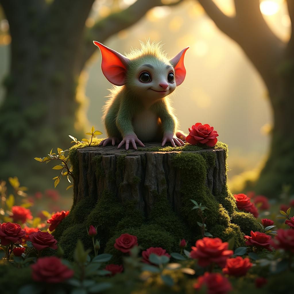 Whimsical Goblin in a Mystical Rose Garden