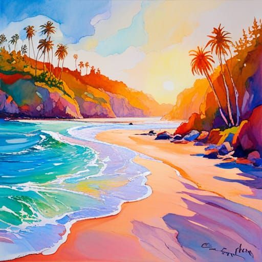 Harmonious Beach Scene in Watercolor and Ink