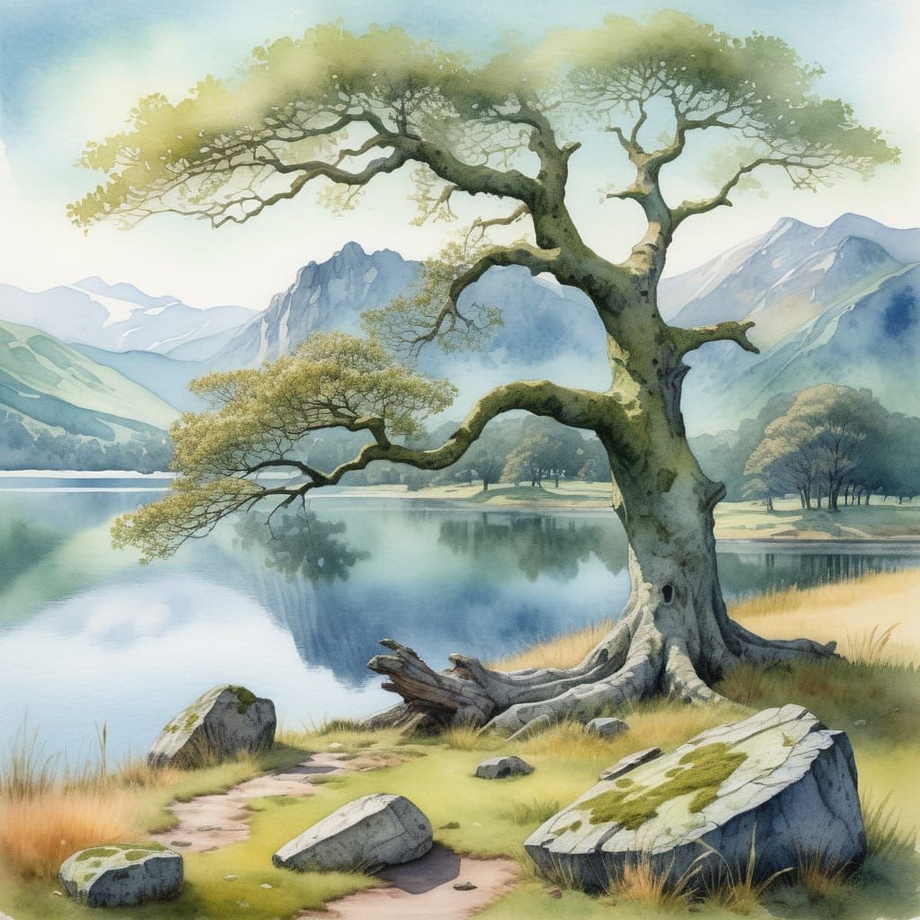 Serene Watercolor Oak Landscape with Moss and Lichens