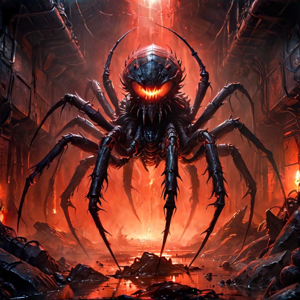 Red Exoskeleton Monster in Sci-Fi Sewer, Oil Painting