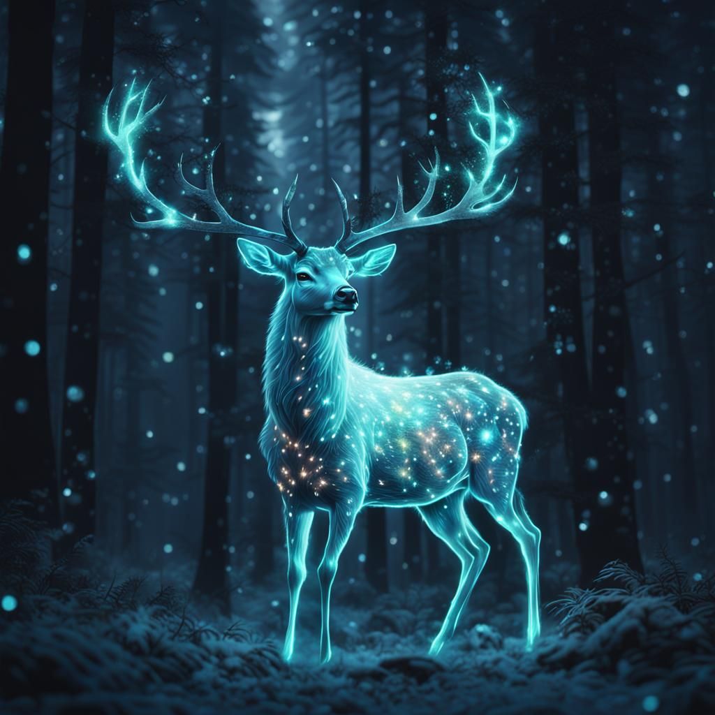 Glowing Deer in Dark Forest: Digital Matte Painting