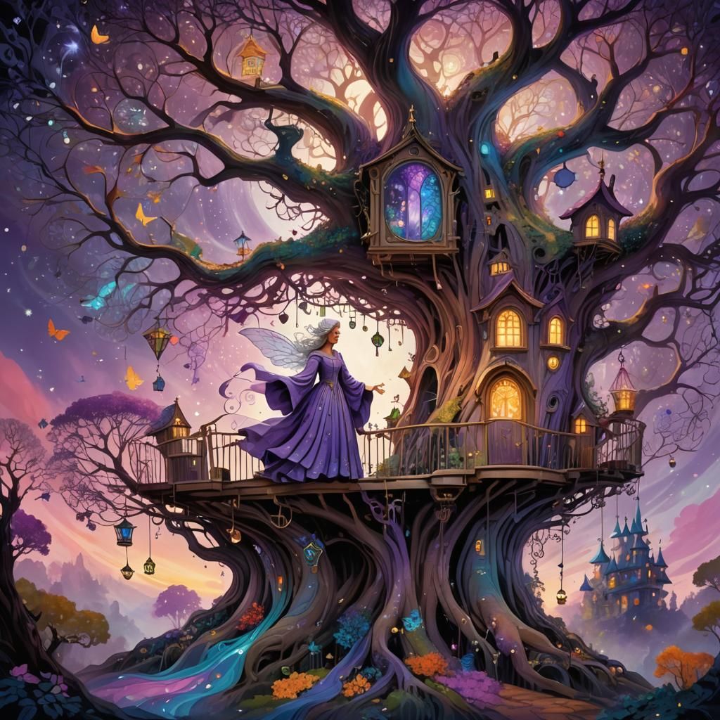 Mystical Fairy Godmother Over Psychedelic Treehouse