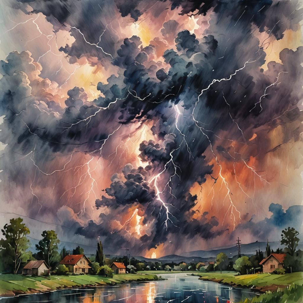Epic Lightning Storm in Gouache Style