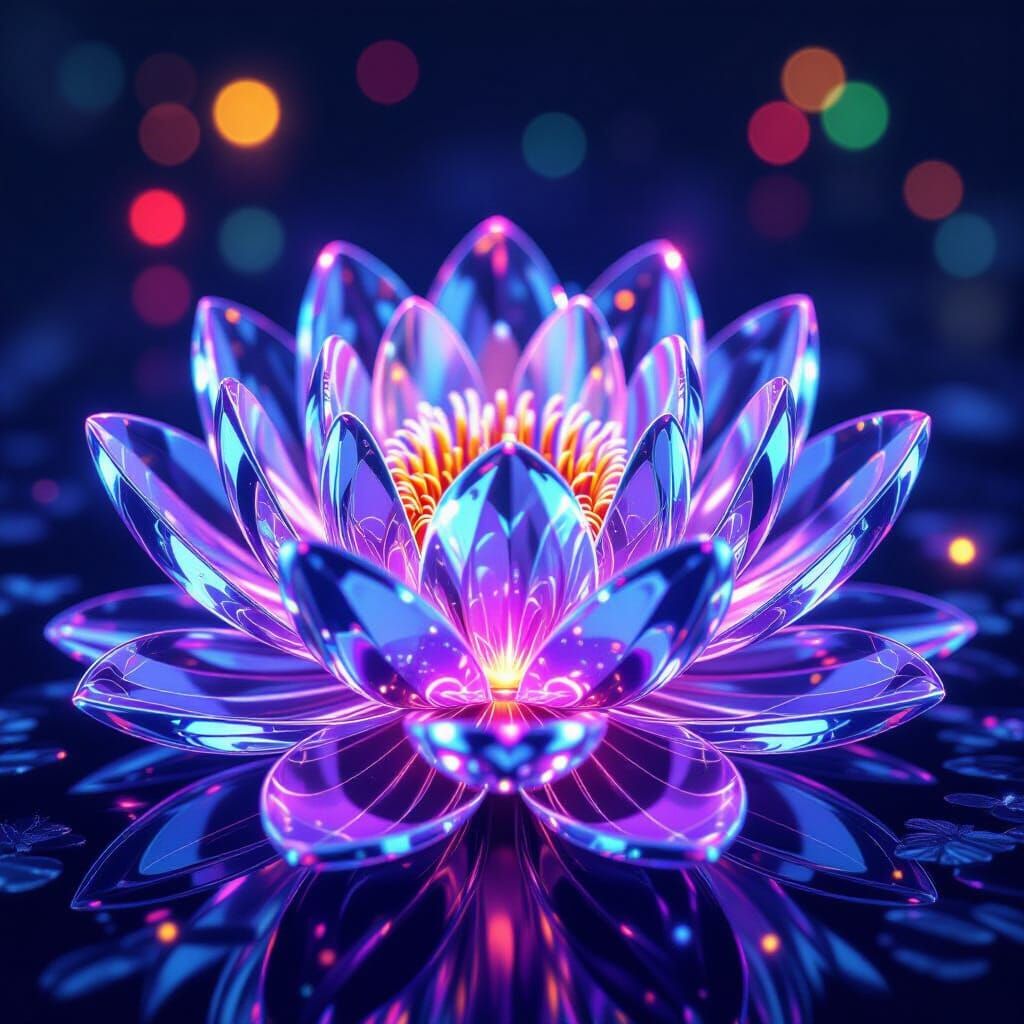 Crystalline Lotus Flower with Reflective Petals in 3D Render