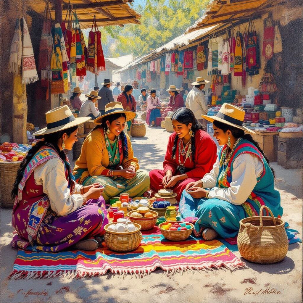 Vibrant Native Market Scene in Naive Art Style