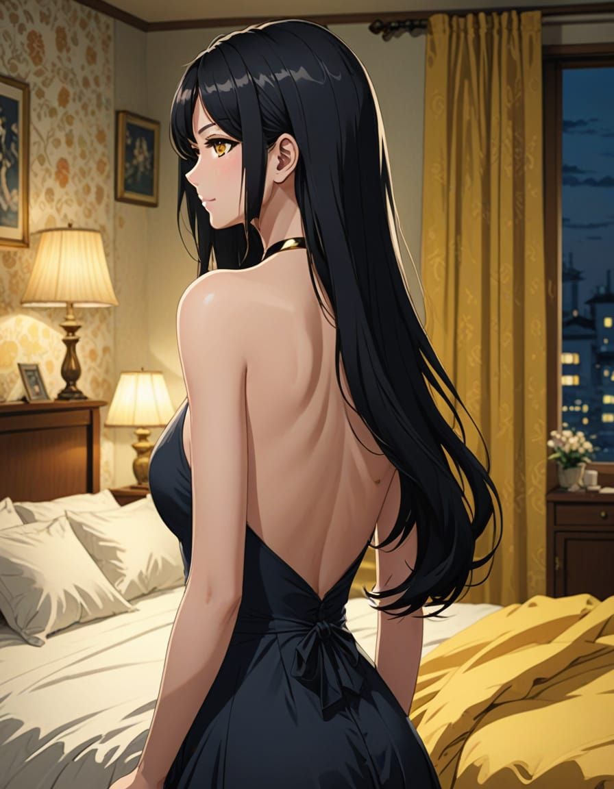 Anime Style Back View: Woman Undressing in Bedroom