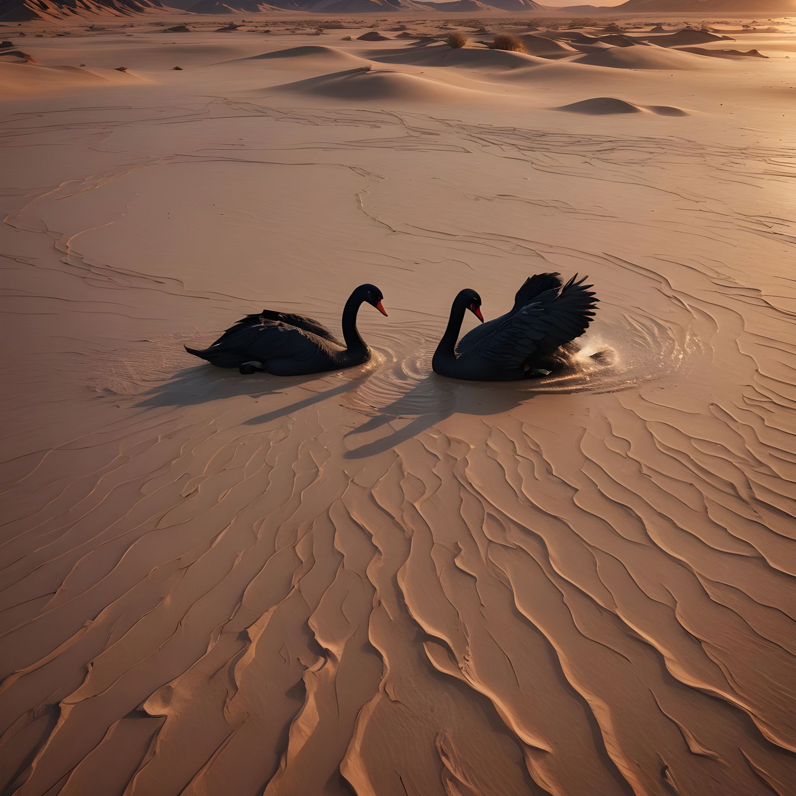 Surreal Black Swan Battles Stormy Desert Landscape in Dreaml...