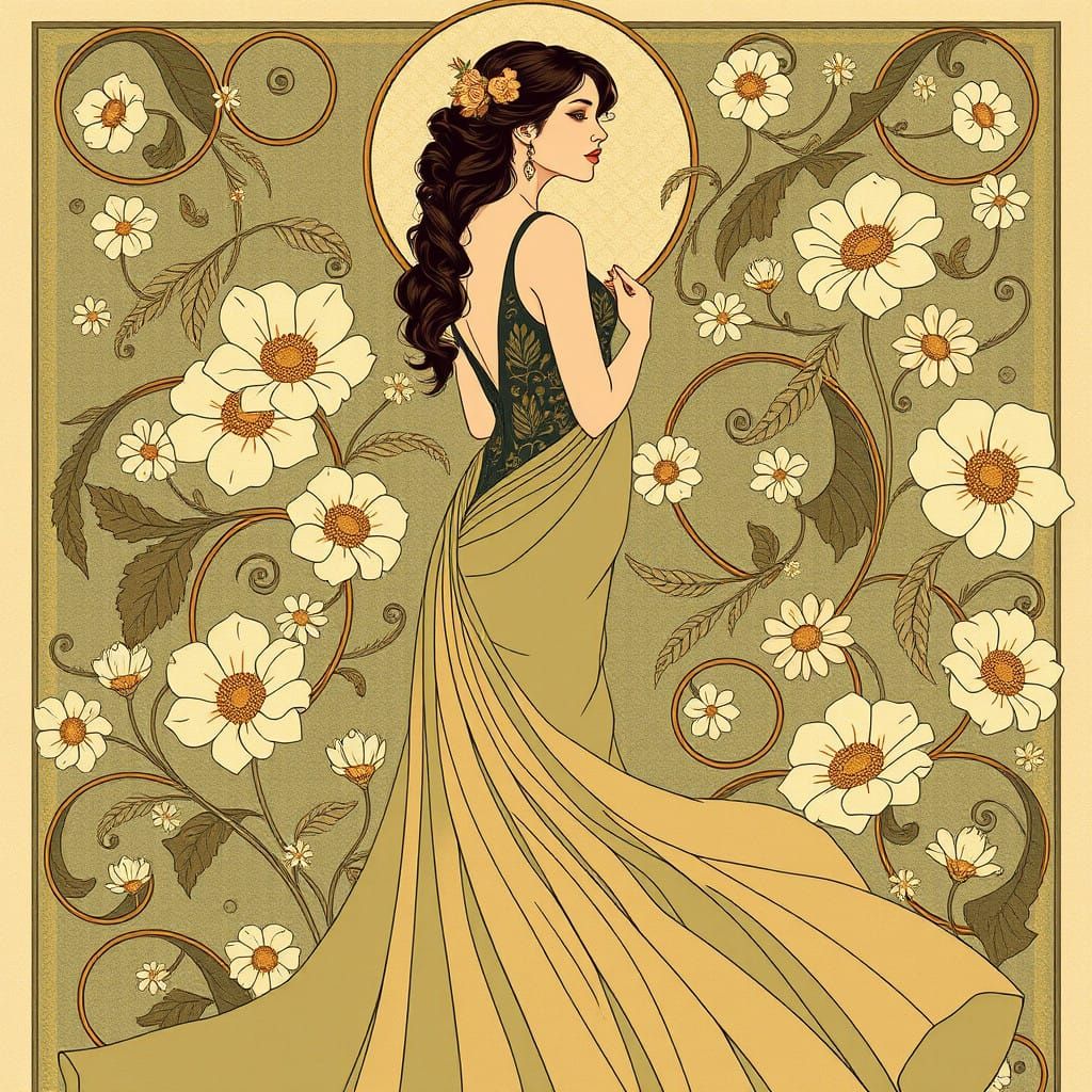 Ethereal Art Nouveau Goddess in Golden Hues