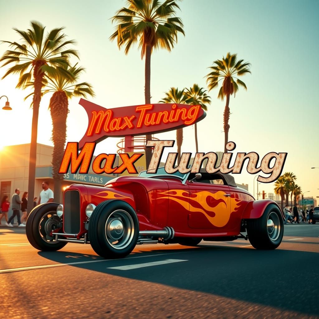 Cherry Red Hot Rod in Retro Cityscape