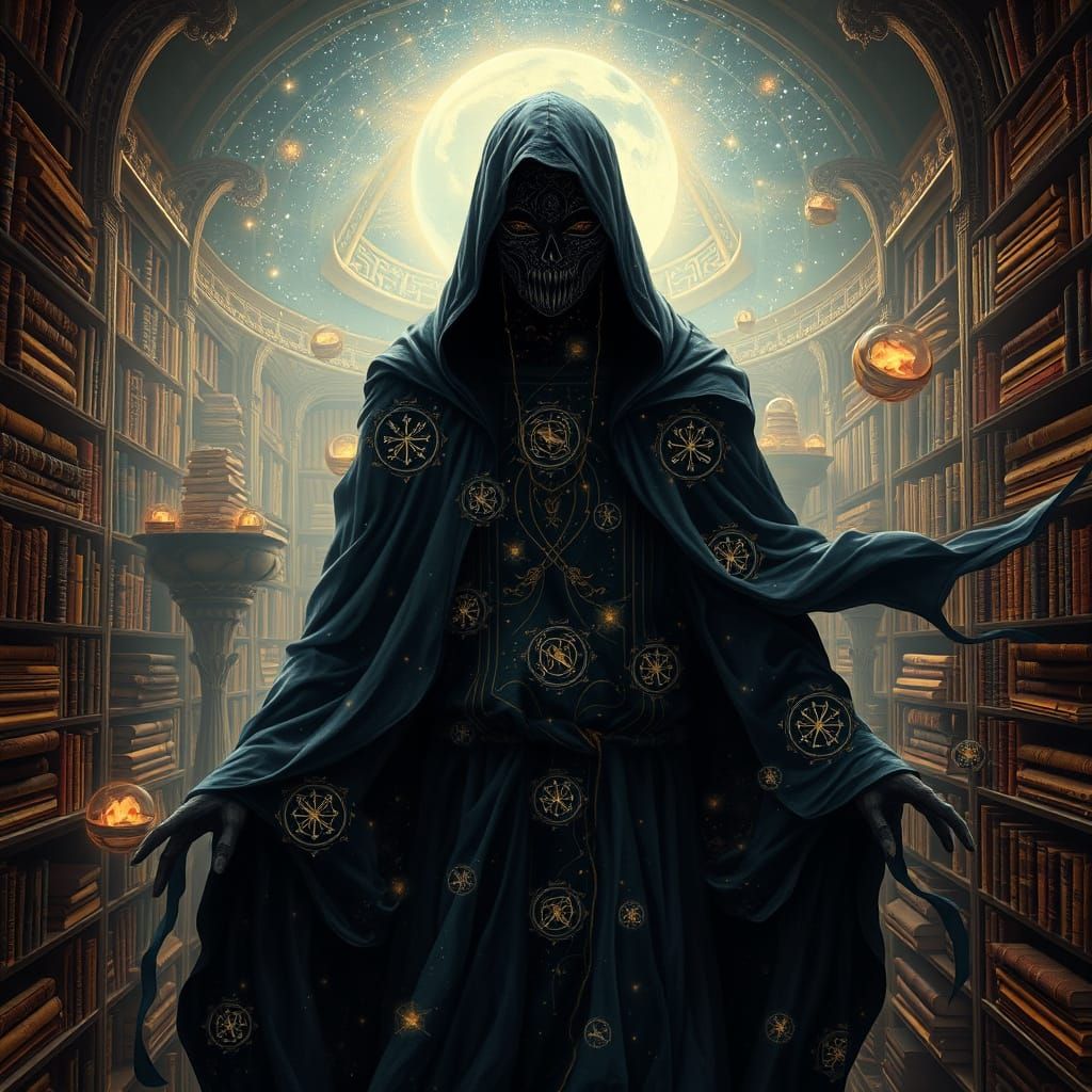 Majestic Celestial Librarian in a Vast, Mystical Library