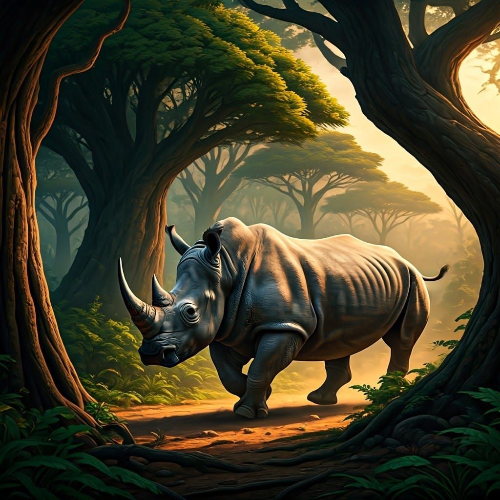 Majestic White Rhino in Africa Forest Landscape