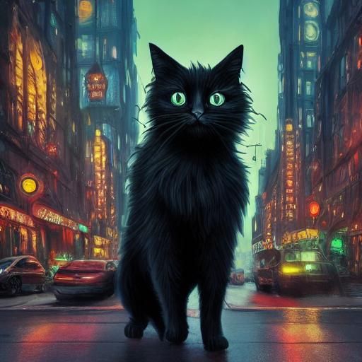 Black Cat Adventures in Fantasy Cityscape