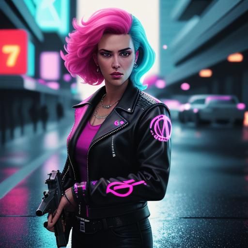Neon Miami Gamer with Killer Gun in 80s Style