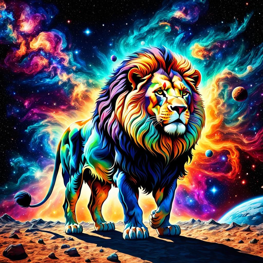 Psychedelic Lion Roaming a Deep Color Galaxy