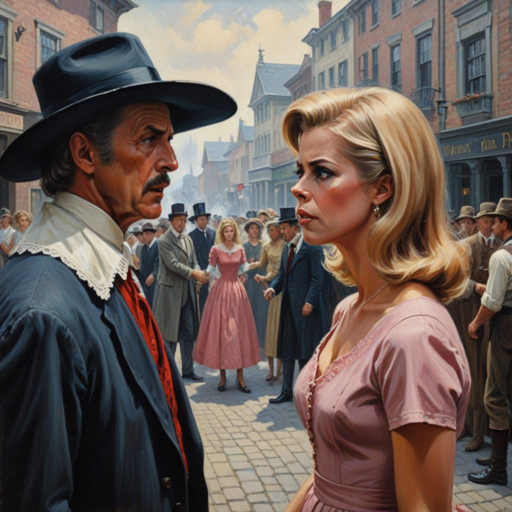 1960s Housewife Confronted by Puritan Man in Oil Painting