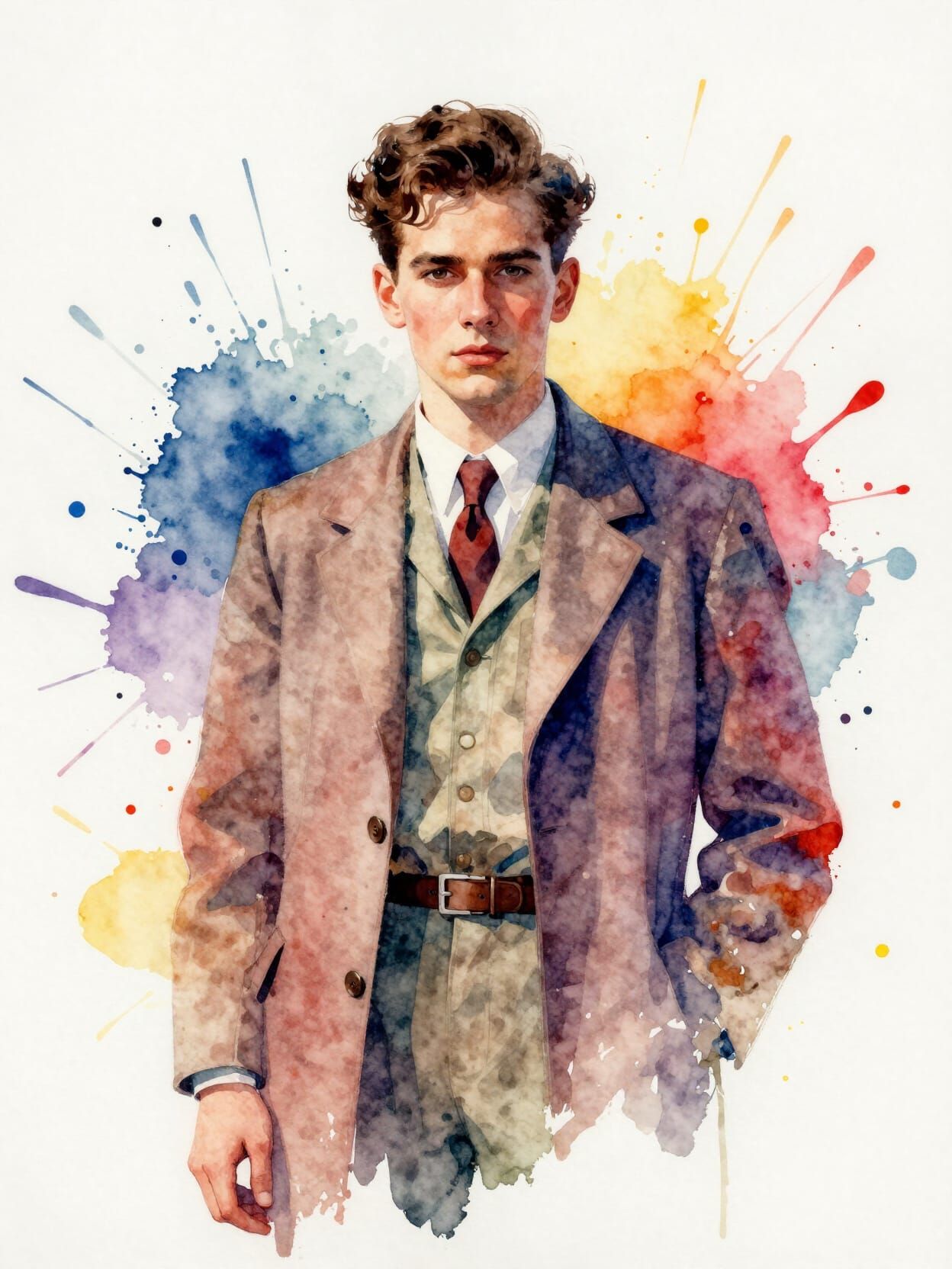 Vibrant Watercolor Splash Art of a 1940s German Man