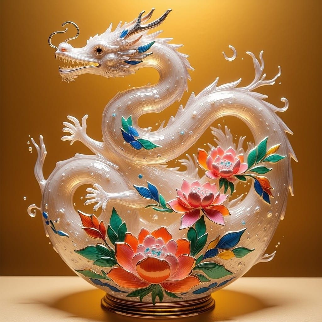 Crystal Dragon in Qing Dynasty Vase, Digital Art