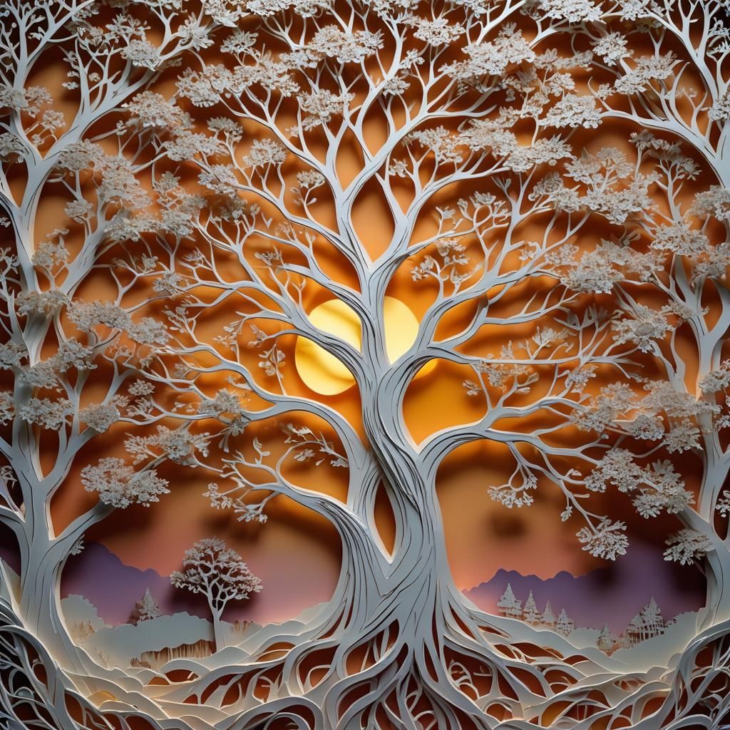 Kirigami Tree at Sunrise: Hyperrealistic Detail