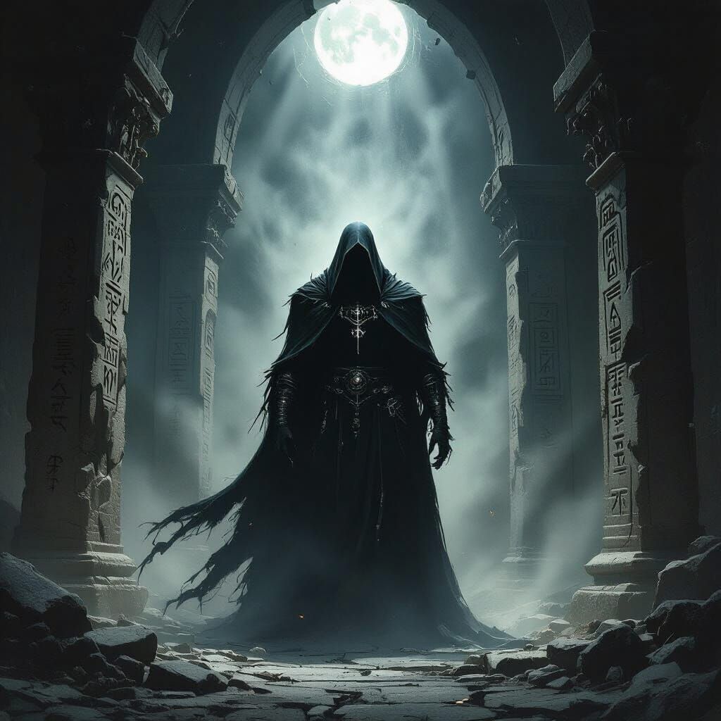 Shadowy Figure in Crumbling Pagan Temple