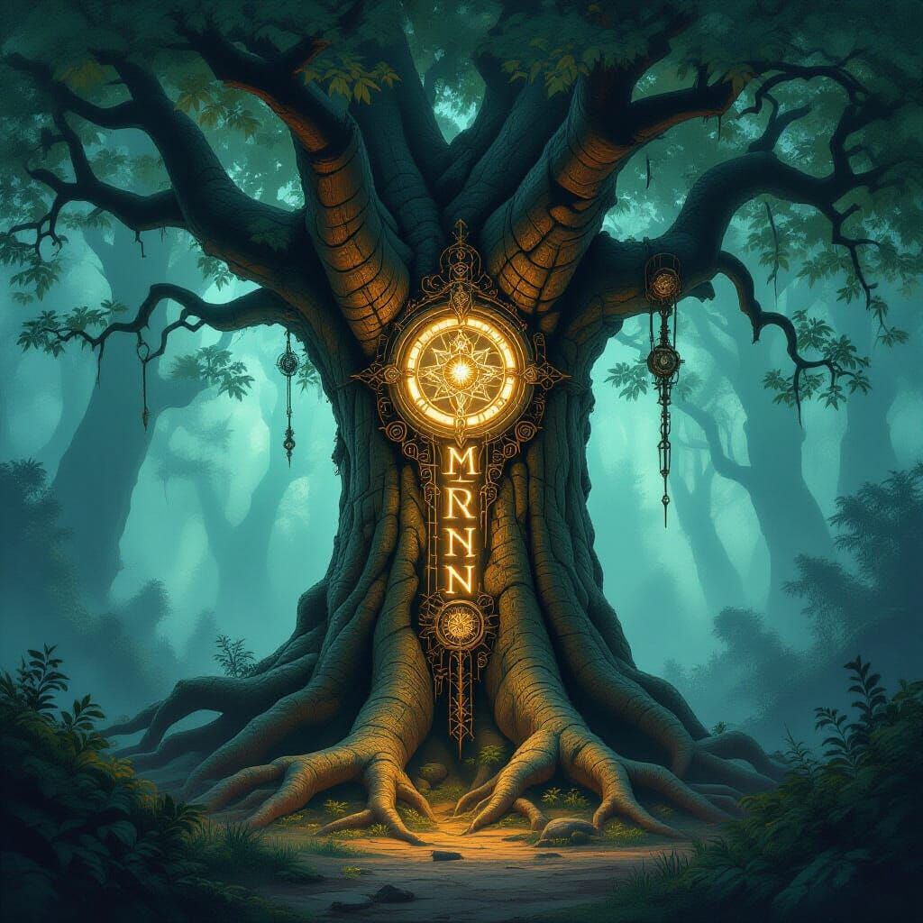 Ancient Tree With Glowing Runes and Steampunk Roots